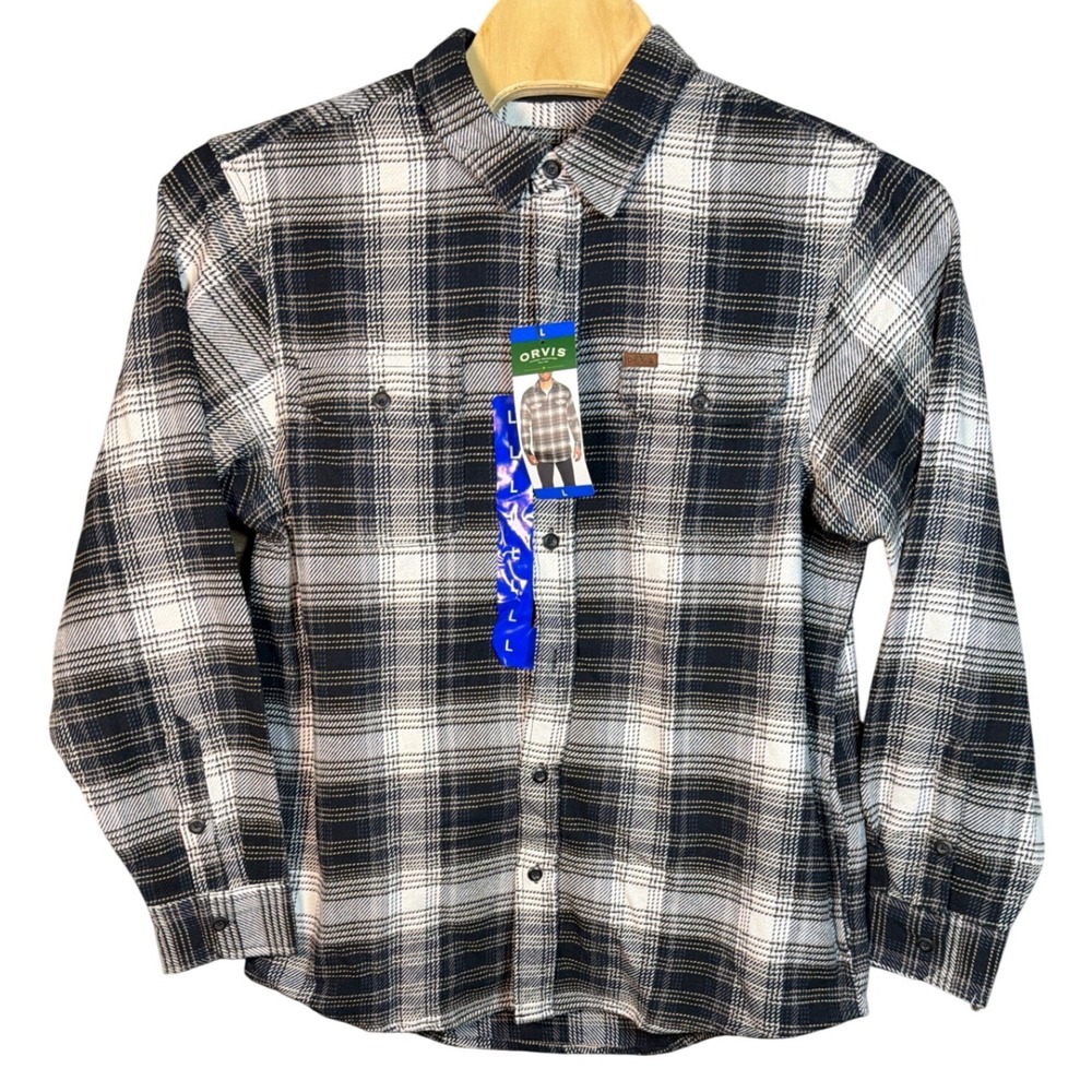 Orvis Mens Plaid Flannel Button Down Shirt Navy Blue White Cotton Large